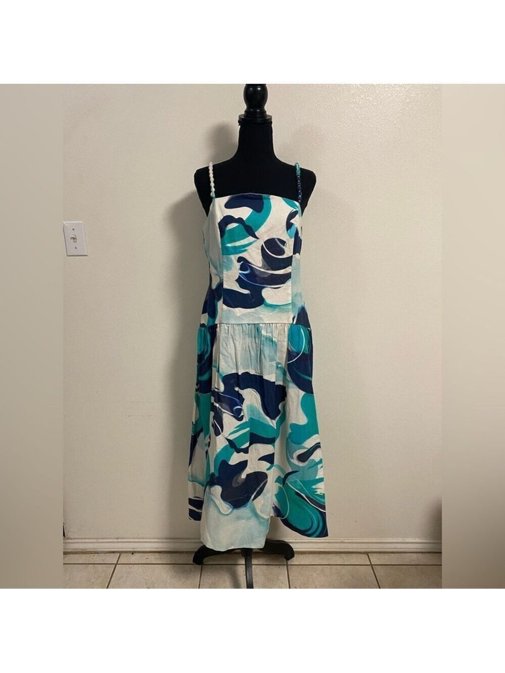 Christian Lacroix Dress Women’s Size Medium Blue Teal White Abstract Midi NWOT